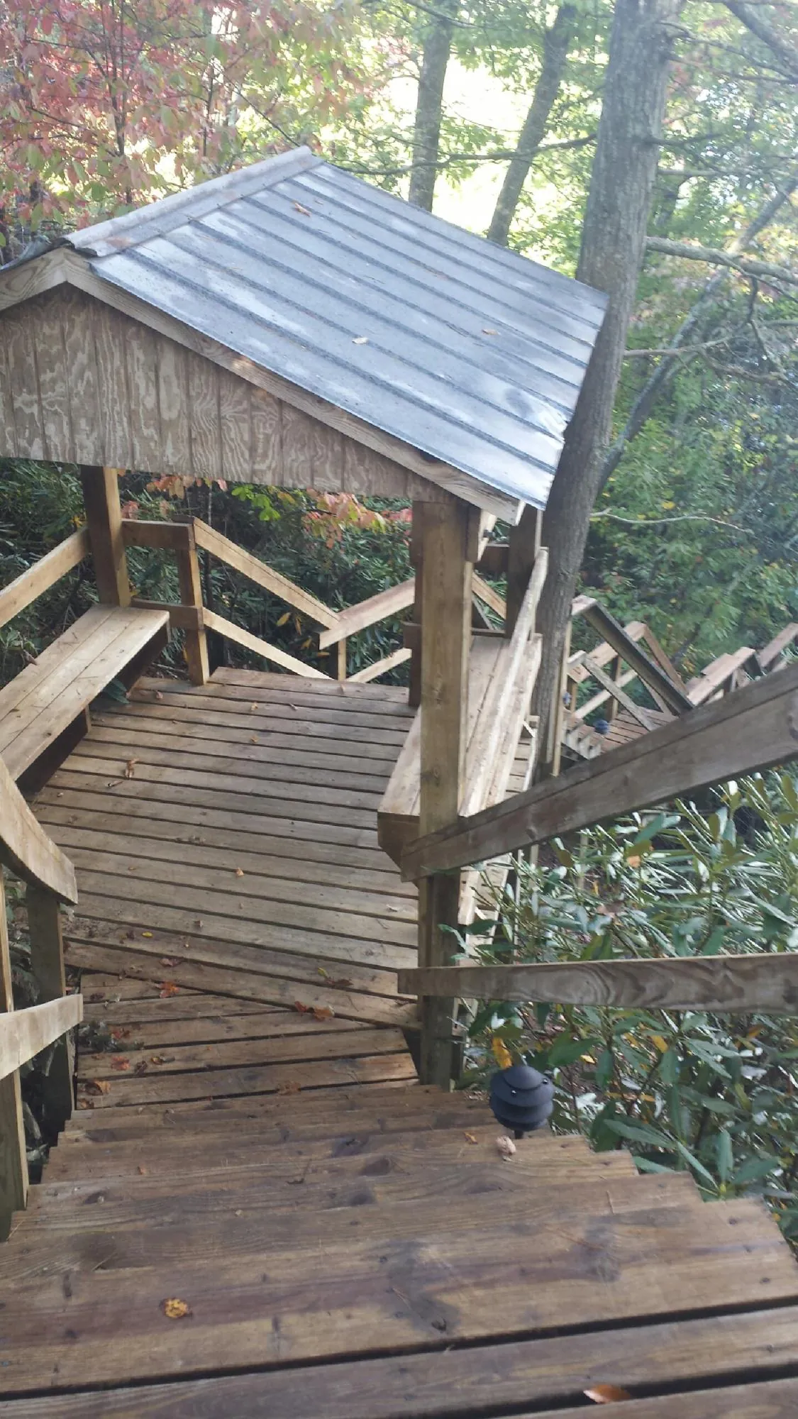 Metal roofed shelter over wooden steps on a wooded walkway — Skylight Repair & Installation work by our crew in Clermont